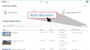 Xello Family account with the College Planning tab open. Next to "Enrollment decision" a cursor is clicking "Add decision"
